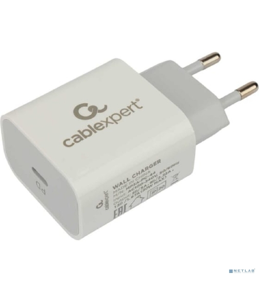 Сетевое зарядное устройство Cablexpert 20Вт, 3А, QC3.0/PD, 1xType-C, белый, пакет