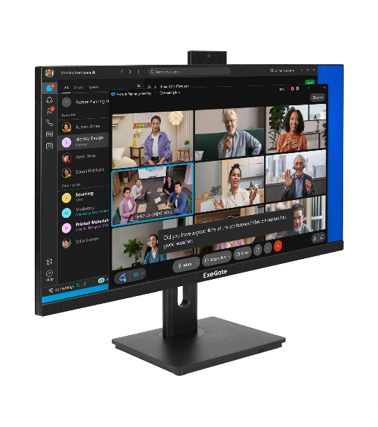 Монитор 27' ExeGate SuperView EA2707CA IPS 2560x1440, 75 Гц, 5 мс, 16:9, 250 кд/м², HDMI 2.0, DP, 3.5 Jack, USB Hub, динамики (2x2 Вт), веб-камера (2 Мп), FreeSync, черный