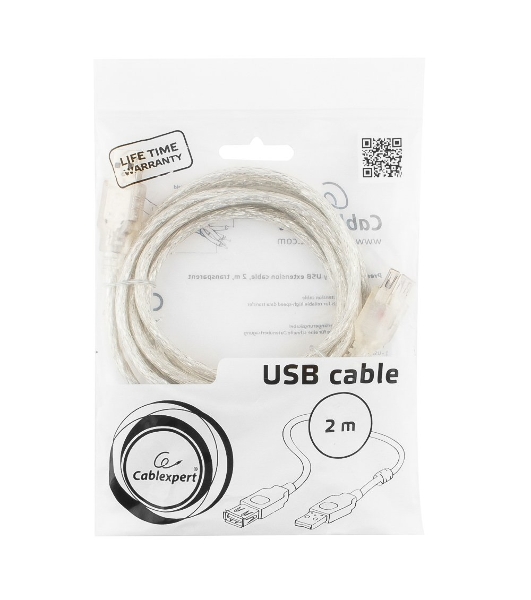 Кабель-удлинитель USB2.0 Pro Cablexpert CCF-USB2-AMAF-TR-2M, AM/AF, 2м, экран, 2феррит.кольца, прозрачный, пакет