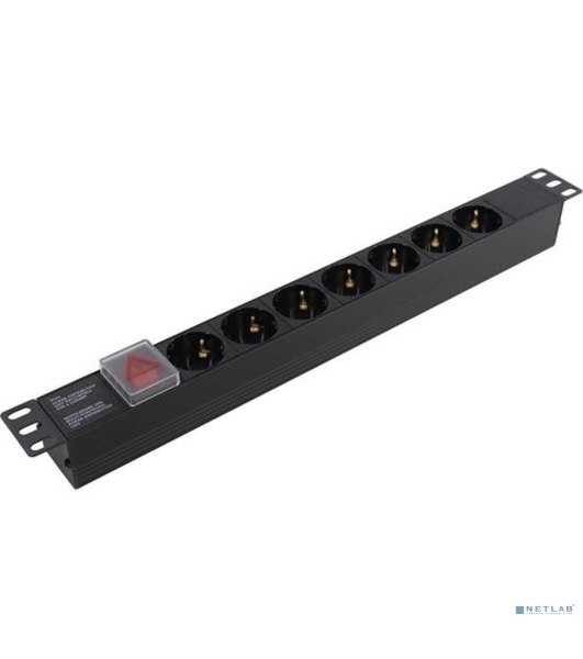 Блок розеток горизонтальный ExeGate ServerPro PDU-19H703 Al-7S-C20-SW, 19', 1U, Алюминий, 7 Schuko, С20, выкл. с подсветкой, черный