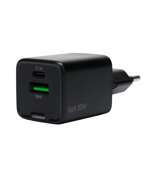 Зарядное устройство Cablexpert MP3A-PC-64, 30Вт GaN, 3А, QC4.0/PD, 1xUSB, 1xType-C, черный, пакет