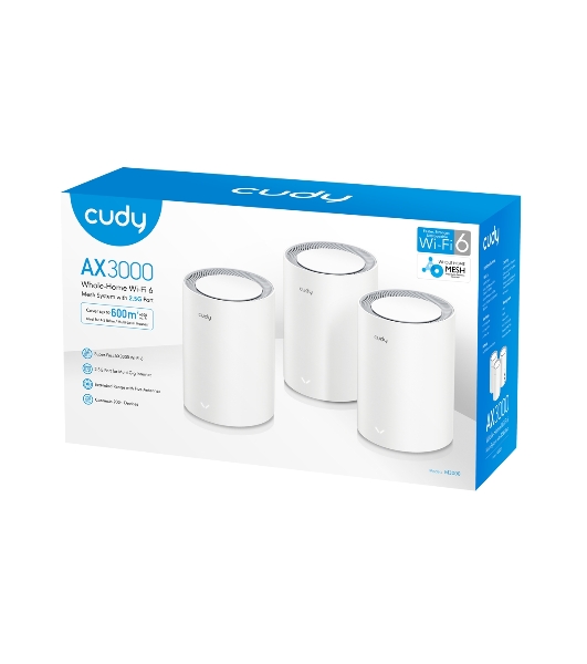 Wi-Fi Mesh-система/AX3000 Wi-Fi 6 Mesh 2.5G Solution 3-Pack, Dual-Band, Chipset MT7981BA+MT7976CN+RTL8221B, 802.11ax/ac/a/b/g/n, 2402Mbps at 5GHz + 574Mbps at 2.4GHz, 2.5G WAN+GE LAN, 5 internal antennas, MU-MIMO, DDNS, Zerotier/Wireguard/OpenVPN/IPSec/L2TP/PPTP VPN, DNS over Cloudflare/Google/Quad9, IPv6, Seamless Roaming, WPA3, TR069/TR098/TR111/TR181,easyMesh R3 Optional, Ver 2.0, Cudy Mesh, Cudy APP