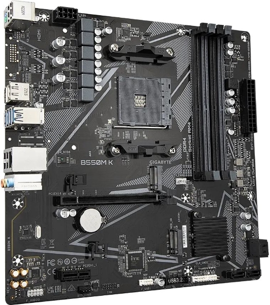 Материнская плата Gigabyte B550M K, AM4, AMD B550, 4xDDR4, 4xSATA, 2xM.2, 1xPCIe 4.0 x16, 1xPCIe x1, 1xHDMI, 1xDP, 1x 1Gb LAN, 4xUSB-A 3.2 Gen 1, 4xUSB-A 2.0, 3x3.5 мм, 7.1, mATX