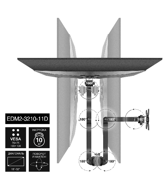 Настольная подставка ExeGate EDM2-3210-11D (для для двух мониторов 15'-32', VESA 75x75, 100x100, макс. нагрузка на один кронштейн 10 кг, наклон -90°/+90°, поворот -90°/+90°, регулировка по высоте, черный)