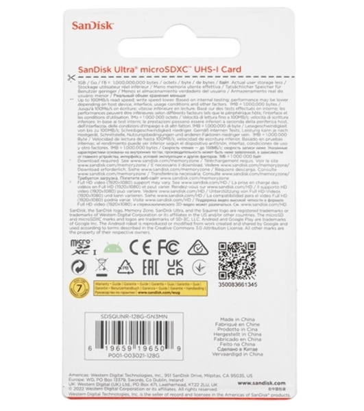 Флеш карта microSDXC 128GB SanDisk Ultra Class 10, UHS-I, R 100 МБ/с, SDSQUNR-128G-GN3MN адаптер на SD