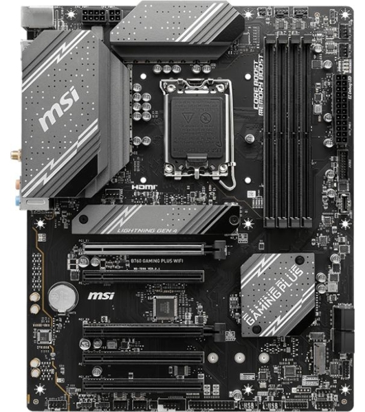 Материнская плата MSI B760 GAMING PLUS WIFI, LGA 1700, Intel B760, 4xDDR5, 4xSATA, 2xM.2, 1xPCI-E 4.0 x16, 3xPCI-E 3.0 x1, 1xDP, 1xHDMI, 1x 2.5Gb LAN, 2xUSB-A 3.2 Gen 2, 4xUSB 2.0, 5x3.5 мм, 7.1, Standard-ATX