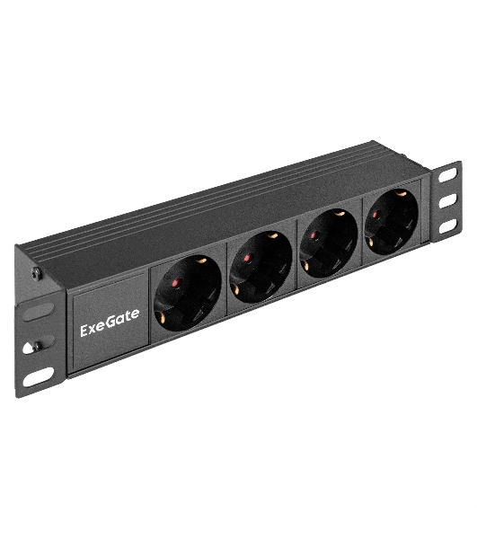 Блок розеток 10' с разъемом C14 ExeGate ServerPro PDU-10H401 Al-4S-C14 (10', 1U, Алюминий, 4 Schuko, C14, (ШхВхГ): 274х45х45 мм, черный, RTL)
