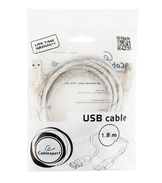Кабель-удлинитель USB2.0 Pro Cablexpert CCF-USB2-AMAF-TR-6, AM/AF, 1,8м, экран, 2феррит.кольца, прозрачный, пакет