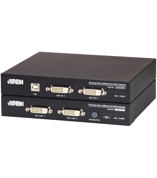 Удлинитель, KVM USB 2xDVI Single Link+AUDIO+RS232, 100 м., 1xUTP, макс.разр.1920х1200 60Hz 90м Cat5e;100м Cat6/6a/1080p 100м HDBaseT;1920x1200 150м cat6/6a LongReach HDBaseT, 2xDVI-D+2MINIJACK+DB9+USB B>3xUSB A, бп 220> 5V, ATEN CE624-AT-G