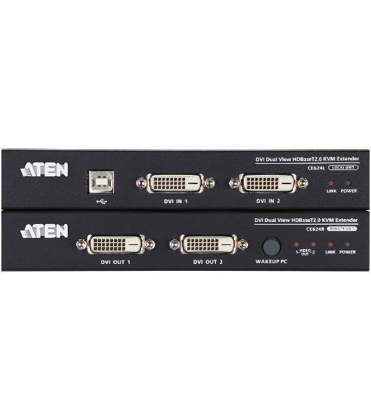 Удлинитель, KVM USB 2xDVI Single Link+AUDIO+RS232, 100 м., 1xUTP, макс.разр.1920х1200 60Hz 90м Cat5e;100м Cat6/6a/1080p 100м HDBaseT;1920x1200 150м cat6/6a LongReach HDBaseT, 2xDVI-D+2MINIJACK+DB9+USB B>3xUSB A, бп 220> 5V, ATEN CE624-AT-G