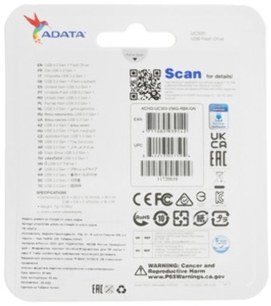 Флешка USB ADATA UC300 (ACHO-UC300-256G-RBK/GN), 256Gb, Type-C USB 3.2, R/W 100/30, черный/зеленый
