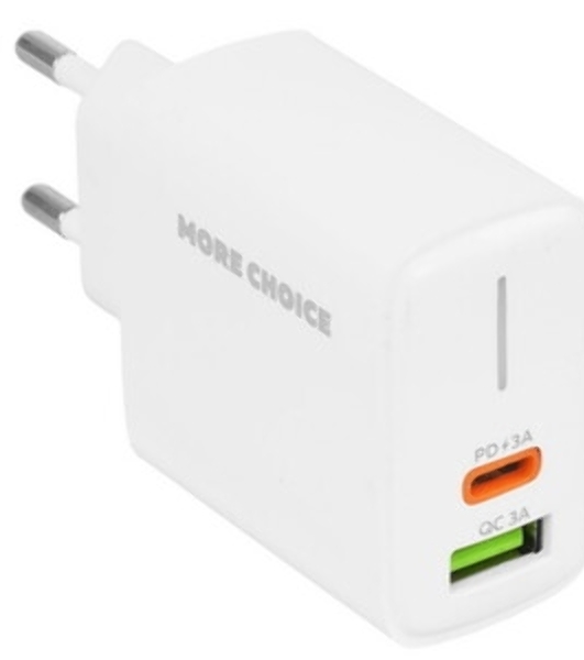 Сетевое зарядное устройство MORE CHOICE NC61a белый - 1USB+1USB-C 3.0A PD 20W+QC3.0 быстрая зарядка для Type-C