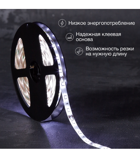 Лента светодиодная 5 м 12 В 2835 6500 К IP65 60 LED/м для БП с клеммами LAMPER