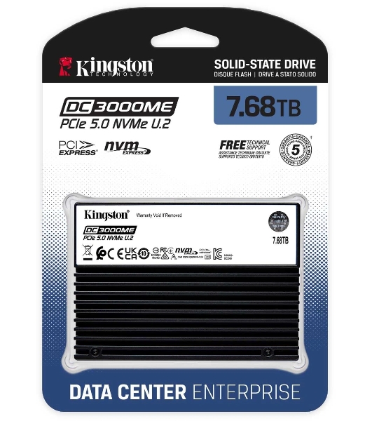 Накопитель SSD Kingston DC3000ME 7680Gb, U.2(2.5' 15мм), NVMe, PCIe Gen 5x4, 3D TLC, R/W 14000/1000Mb/s, IOPs 2 800 000/500 000, TbW 14016, DWPD 1 (12 мес)