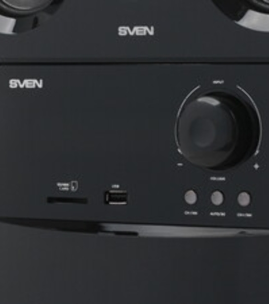 Аудиоколонки SVEN HT-210, черный, акустическая система 5.1, мощность (RMS):50Вт+5x15Вт, Bluetooth, Optical, Coaxial, FM-тюнер, USB/SD, дисплей, ПДУ