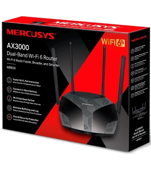 Двухдиапазонный роутер MERCUSYS MR80X AX3000 Wi-Fi 6, до 574 Мбит/с на 2,4 ГГц + до 2402 Мбит/с на 5 ГГц,4 фиксированные внешние антенны, 3 гигабитных порта LAN, 1 гигабитный порт WAN
