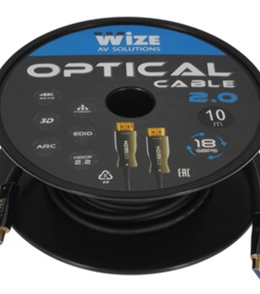 Кабель HDMI Wize AOC-HM-HM-10M оптический, 10 м, 4K/60HZ 4:4:4, v.2.0, ARC, 19M/19M, HDCP 2.2, Ethernet, черный, коробка