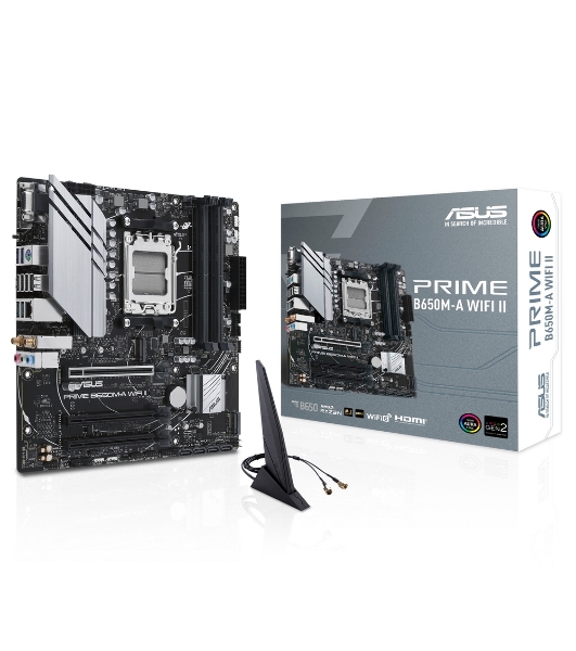 Материнская плата ASUS PRIME B650M-A WIFI II, AM5, AMD B650, 4xDDR5, 4xSATA, 2xM.2, 1xPCI-E 4.0 x16, 2xPCI-E 4.0 x1, 1xHDMI, 1xDP, 1xVGA, 1x 2.5Gb LAN, 2xUSB-A 3.2 Gen 2, 2xUSB-A 3.2 Gen 1, 4xUSB-A 2.0, 3x3.5 мм, 7.1, Micro-ATX