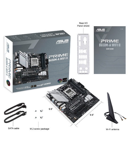 Материнская плата ASUS PRIME B650M-A WIFI II, AM5, AMD B650, 4xDDR5, 4xSATA, 2xM.2, 1xPCI-E 4.0 x16, 2xPCI-E 4.0 x1, 1xHDMI, 1xDP, 1xVGA, 1x 2.5Gb LAN, 2xUSB-A 3.2 Gen 2, 2xUSB-A 3.2 Gen 1, 4xUSB-A 2.0, 3x3.5 мм, 7.1, Micro-ATX
