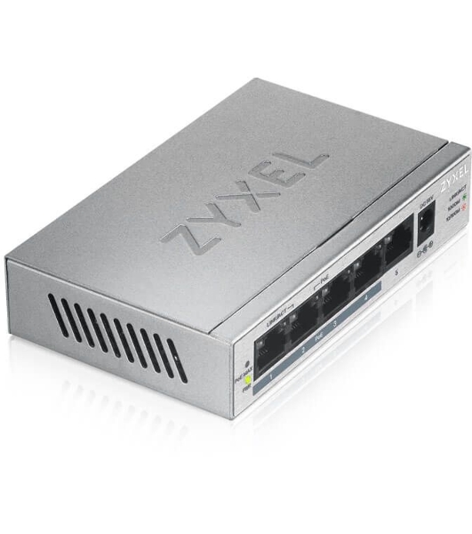 Коммутатор Zyxel GS1005HP Switch PoE +, 5xGE (4xPoE +), desktop, metal, silent, PoE budget 60 W