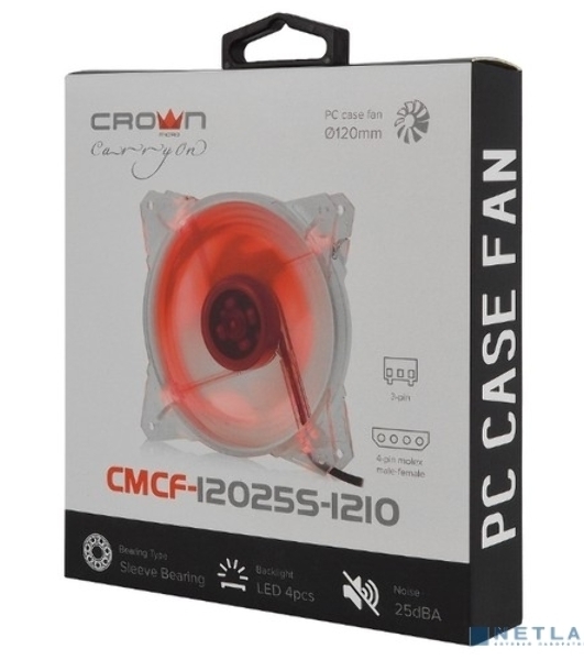 Вентилятор для корпуса Crown CMCF-12025S-1210 прозрачный/красный, 120 мм, 1650 об/мин, 28 дБ, 3 pin
