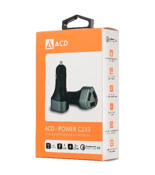 Автомобильное зарядное устройство ACD черный 23Вт, 3xUSB 1QC+2Smart, 3.6~12В, 3А RTL