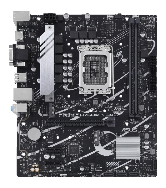 Материнская плата ASUS PRIME B760M-K D4, LGA 1700, Intel B760, 2xDDR4, 4xSATA, 2xM.2, 1xPCIe 4.0 x16, 2xPCIe x1, 1xHDMI, 1xVGA, 1x 2.5Gb LAN, 2xUSB-A 3.2 Gen 1, 2xUSB-A 2.0, 3x3.5 мм, 7.1, mATX