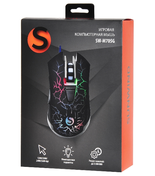 Мышь проводная SunWind SW-M705G черный, 3600 dpi, USB, кнопки - 6