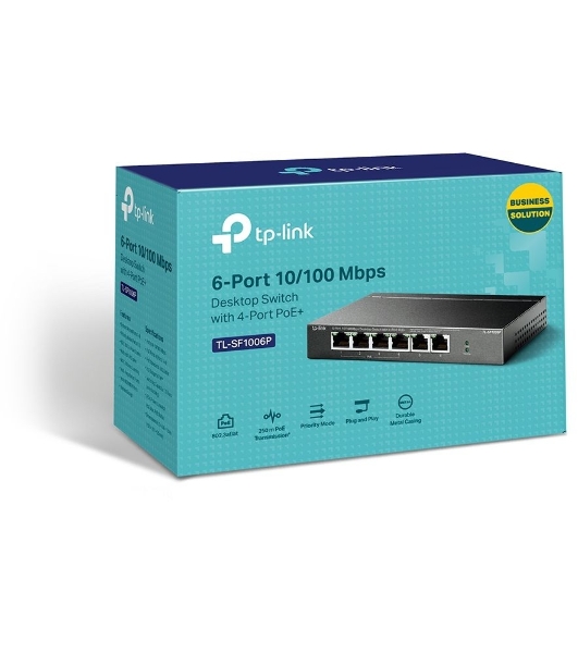 Коммутатор TP-Link 4-port 10/100Mbps Unmanaged PoE+ Switch with 2 10/100Mbps uplink ports, meta case, desktop mount, 4 802.3af/at compliant PoE+ port, 2 10/100Mbps uplink ports, DIP switches for Extend mode, Isolation mode and Priority mode, up to 250m PoE power supply