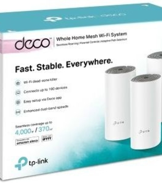 Домашняя Mesh Wi-Fi система TP-Link Deco E4 (3-Pack), 1167 Мбит/с (5 ГГц: до 867 Мбит/с + 2,4 ГГц: до 300 Мбит/с), 2 порта 100 Мбит/с, 2 встроенные антенны на каждом модуле Deco