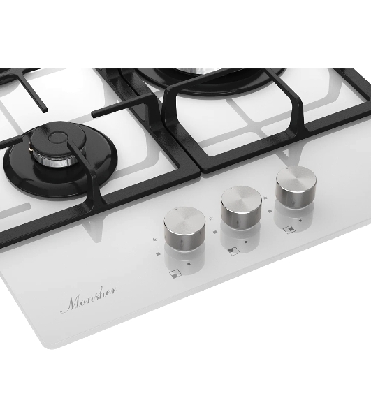 Варочная поверхность Monsher MGG 43 Blanc, газ, High-Tech, 45 см, автоматический электроподжиг, газ-контроль, форсунки под сжиженый газ, SABAF конфорки, чугунные решетки, белый