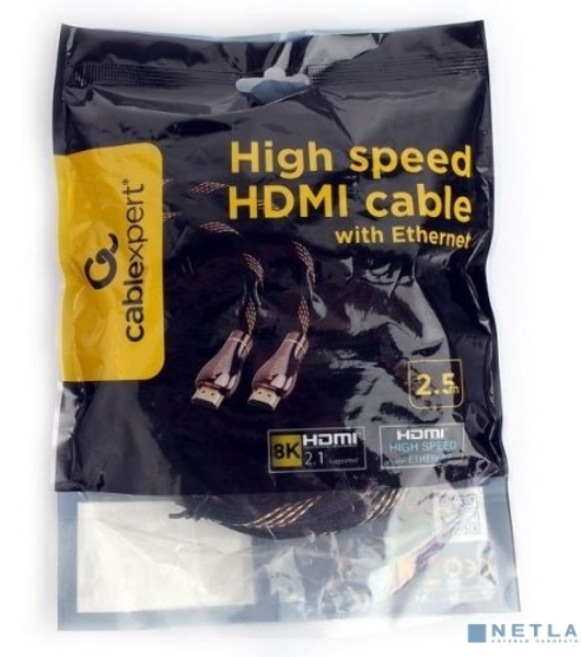 Кабель Cablexpert HDMI CCP-HDMI8К-2.5M, 19M/19M, v2.1, 8К, медь, позол.разъемы, экран, оплетка, 2.5м, черный, пакет