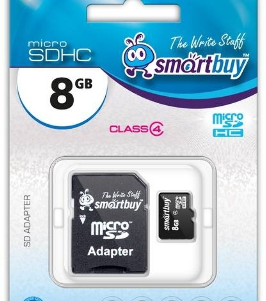 Флеш карта microSD 8Gb, Smartbuy microSDHC Class 10 (SD адаптер)