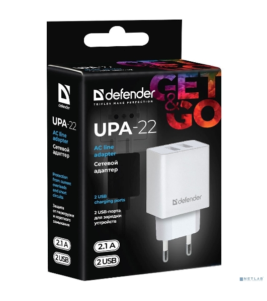 Сетевой адаптер Defender 2xUSB, 2.1А, белый (UPA-22)