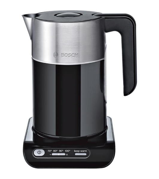 Электрочайник Bosch TWK8613 черный/серебристый, 1.5 л, 2400 Вт, скрытый нагревательный элемент, поддержание температуры