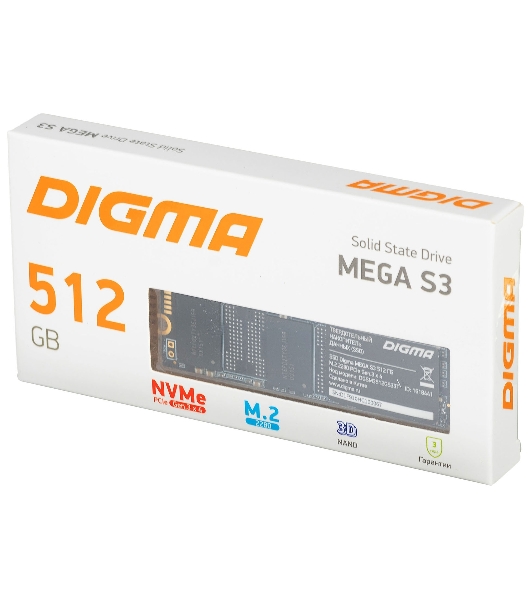 Накопитель SSD Digma Mega S3 DGSM3512GS33T, 512Gb, PCIe 3.0 x4, M.2 2280, NVMe, R/W 2080/1700