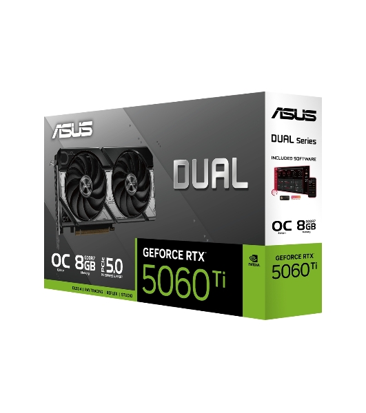 Видеокарта ASUS GeForce RTX 5060 Ti 8G DUAL OC Edition, NVIDIA RTX 5060 Ti, 8 ГБ GDDR7, 128 бит, PCI-e 5.0, 1xHDMI, 3xDP, 2632 МГц