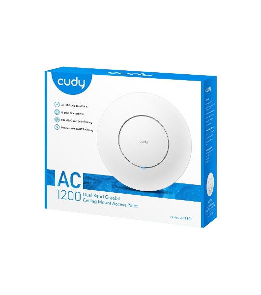 Точка доступа Cudy AC1200 Dual Band Gigabit Ceiling Mount Access Point, MT7621DAN+MT7613B+MT7603E, 867Mbps at 5GHz + 300Mbps at 2.4GHz, 1 x GbE RJ45 Port, Support 12V DC or 802.3af PoE or Passive PoE, Internal Antennas, 48V passive PoE adapter included, Cudy Mesh Support