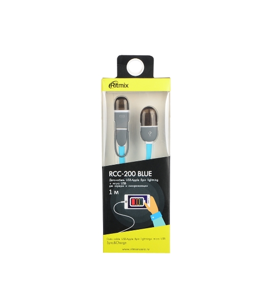 Кабель 2в1 MicroUSB+Lightning 8pin-USB Ritmix RCC-200 Blue для синхронизации/зарядки, 1м