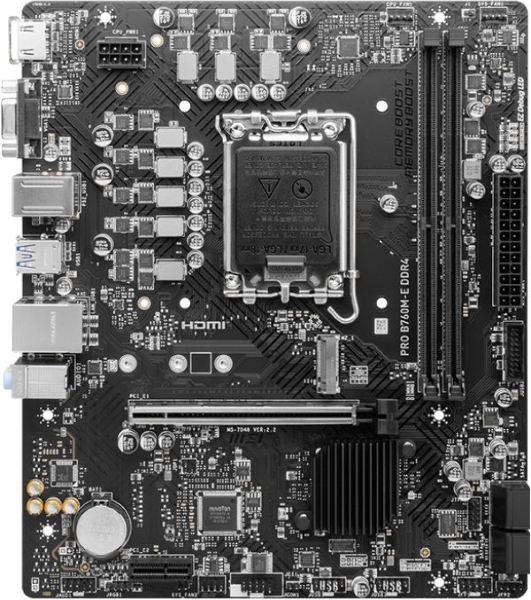 Материнская плата MSI PRO B760M-E DDR4, LGA 1700, Intel B760, 2xDDR4, 4xSATA, 1xM.2, 1xPCIe 4.0 x16, 1xPCIe 4.0 x1, 1xHDMI, 1xVGA, 1x1Gb LAN, 2xUSB-A 3.2 Gen 1, 4xUSB-A 2.0, 3x3.5 мм, 7.1, mATX