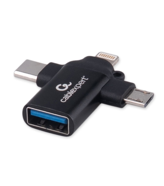 Переходник USB3.1 Cablexpert A-USB3.1-AF-3in1, AF/Type-C(M)+MicroUSB(M)+Lightning(M), с поддержкой OTG, черный, пакет