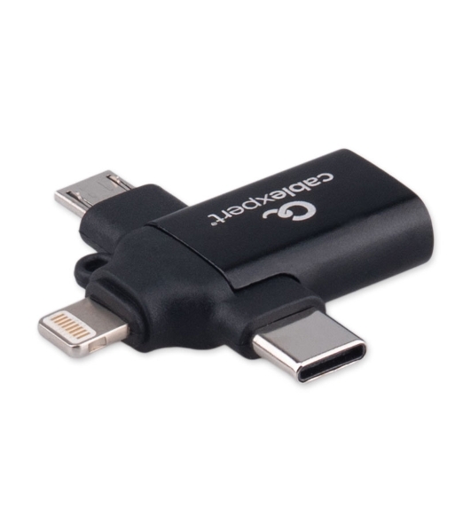 Переходник USB3.1 Cablexpert A-USB3.1-AF-3in1, AF/Type-C(M)+MicroUSB(M)+Lightning(M), с поддержкой OTG, черный, пакет