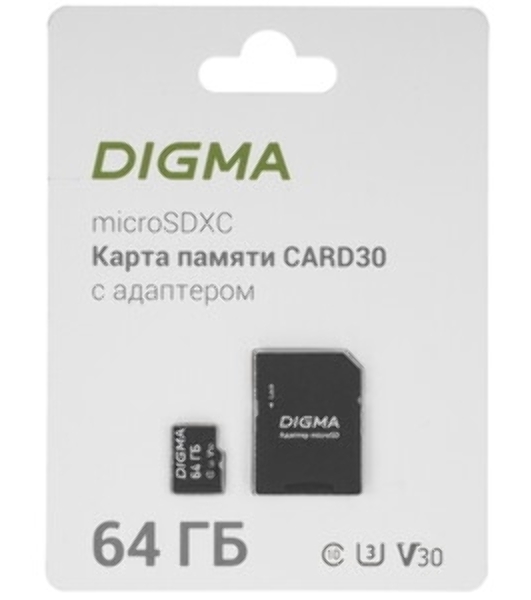 Флеш карта microSDXC 64Gb Class10 Digma CARD30 + adapter