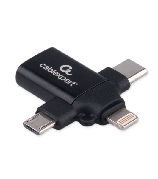 Переходник USB3.1 Cablexpert A-USB3.1-AF-3in1, AF/Type-C(M)+MicroUSB(M)+Lightning(M), с поддержкой OTG, черный, пакет