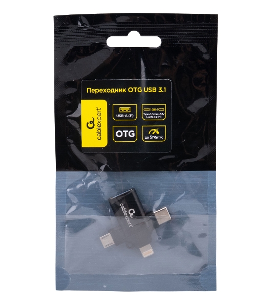Переходник USB3.1 Cablexpert A-USB3.1-AF-3in1, AF/Type-C(M)+MicroUSB(M)+Lightning(M), с поддержкой OTG, черный, пакет