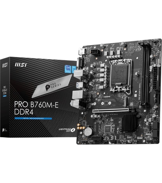 Материнская плата MSI PRO B760M-E DDR4, LGA 1700, Intel B760, 2xDDR4, 4xSATA, 1xM.2, 1xPCIe 4.0 x16, 1xPCIe 4.0 x1, 1xHDMI, 1xVGA, 1x1Gb LAN, 2xUSB-A 3.2 Gen 1, 4xUSB-A 2.0, 3x3.5 мм, 7.1, mATX
