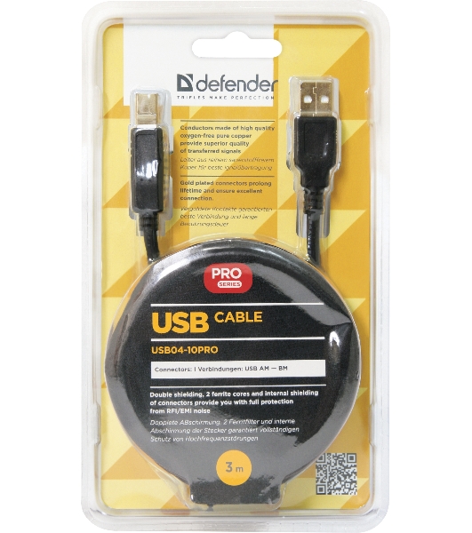 Кабель Defender USB04-10 PROКабель USB 2.0 для соед. 3.0м AM/BM, зол.конт, 2фер.фил.