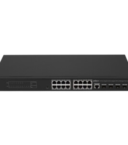 Коммутатор 20-портовый гигабитный управляемый с PoE Dahua DH-S4220-16GT-240, уровень L2, 16xRJ45 1Gb PoE, 2xRJ45 1Gb, 2xSFP 1Gb, суммарно до 240Вт, коммутация 56 Гбит/с, MAC-таблица 8к, металл