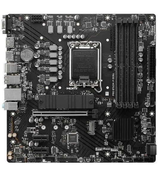 Материнская плата MSI PRO B760M-P DDR4, LGA 1700, Intel B760, 4xDDR4, 4xSATA, 2xM.2, 1xPCIe 4.0 x16, 2xPCIe 3.0 x1, 1xHDMI, 1xDP, 1xVGA, 1x1Gb LAN, 4xUSB-A 2.0, 1xUSB-A 3.2 Gen 1, 1xUSB-C 3.2 Gen 2, 3x3.5 мм, 7.1, mATX