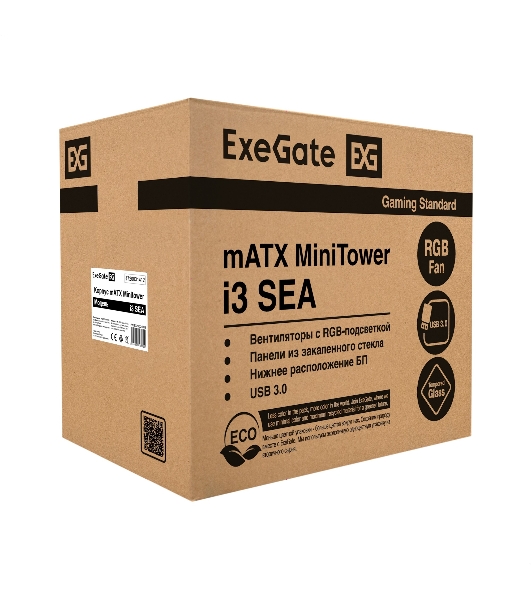 Компьютерный корпус Minitower ExeGate i3 SEA (mATX, БП 550NPX, 2*USB+1*USB 3.0, HD аудио, черный, 1 вент. 12см с RGB подсветкой, передняя и боковая панели - закаленное стекло)